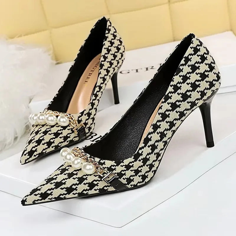 BIGTREE Shoes 2026 Spring Women Pumps Pearl Metal Chain High-heels Checked Grain Stilettos Women Heels Luxury Banquet Shoes 43 Pi-Mart