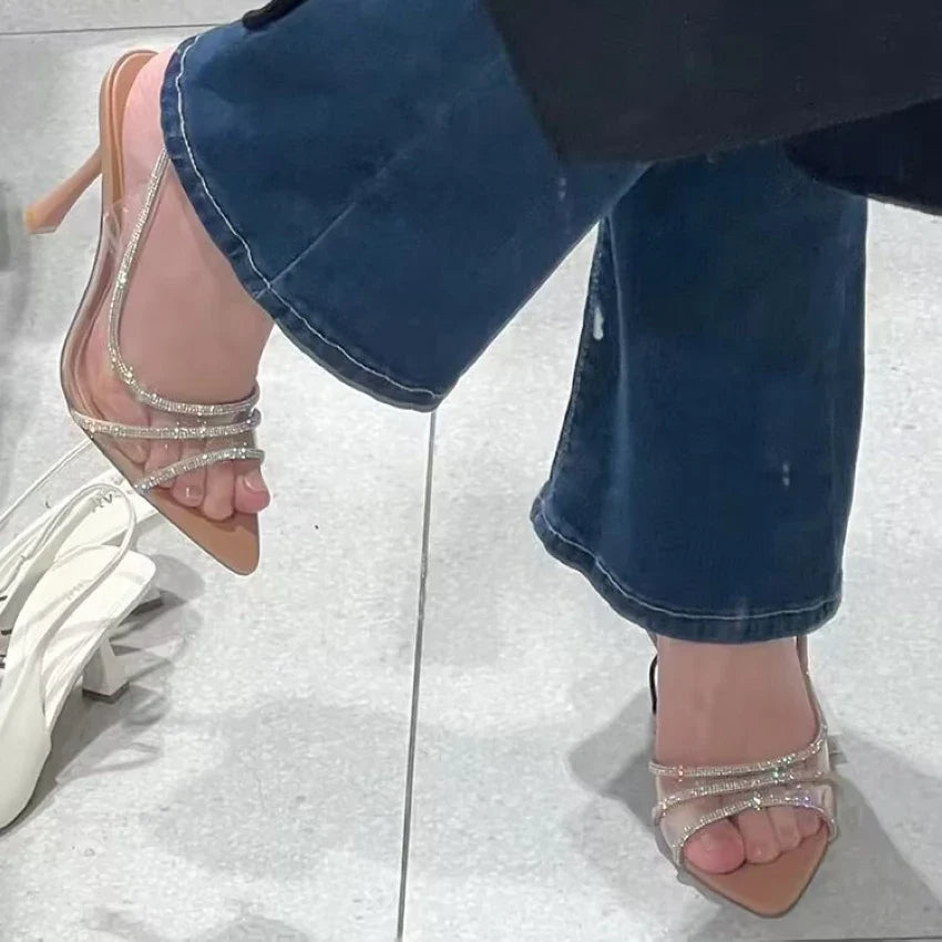Fashion Women Pumps Sandals Summer Sexy Slingback High Heels Rhinestones Elegant Pointed Toe Transparent PVC Party Wedding Shoes Pi-Mart
