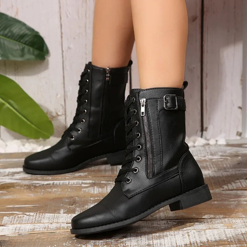 Plus Size Autumn New European and American Flat Low Heel Short Boots Roman Zip Boots for Women LadyShow.Store