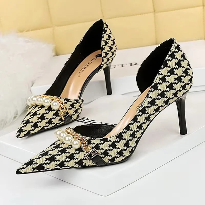 BIGTREE Shoes 2026 Spring Women Pumps Pearl Metal Chain High-heels Checked Grain Stilettos Women Heels Luxury Banquet Shoes 43 Pi-Mart