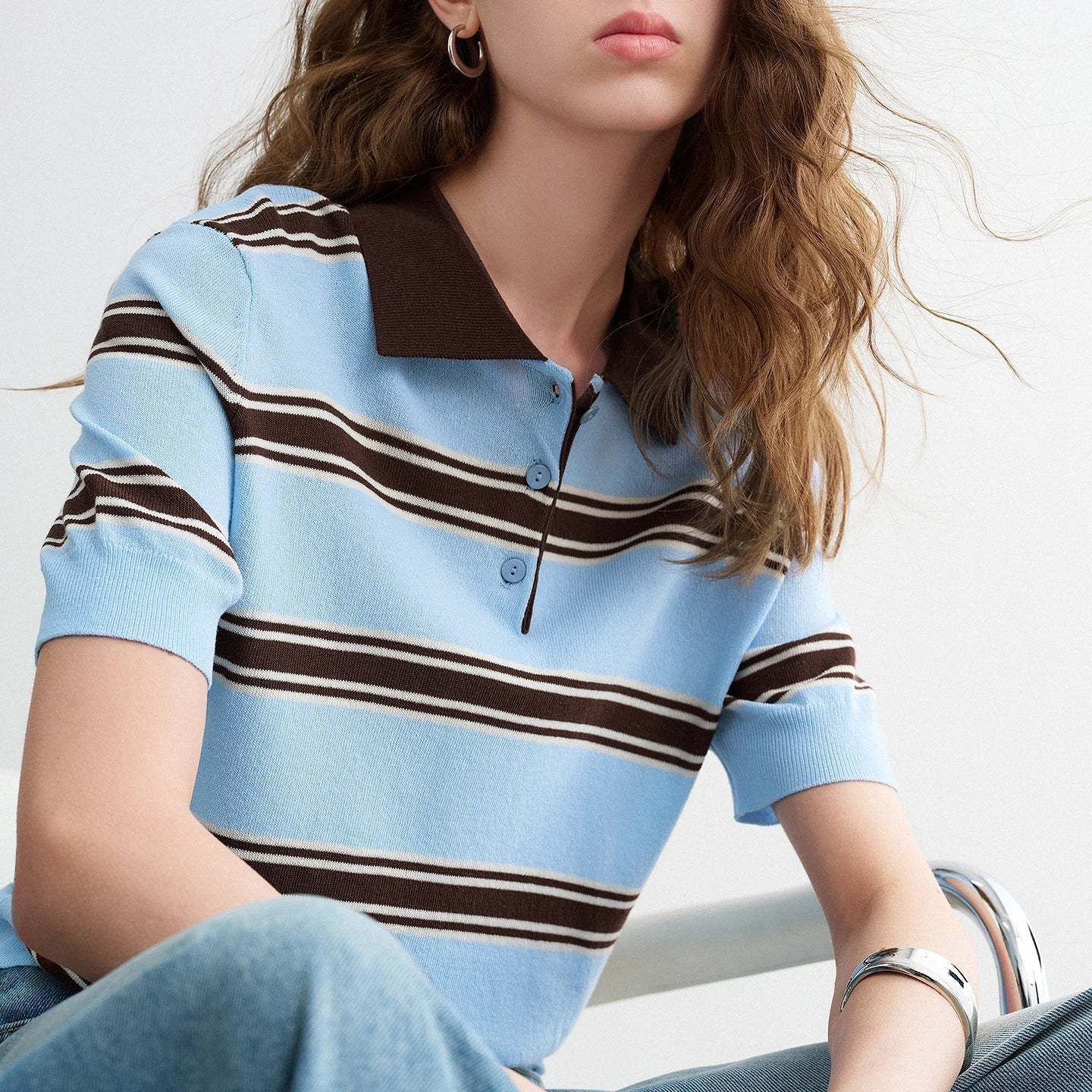TOYOUTH Women Intellectual Striped Polo Shirt 2026 Spring New Lyocell Linen Breathable Comfort Knit Top Pi-Mart