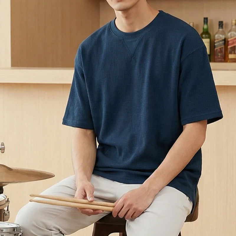 2026 New Men's Summer T Shirt 220g Waffle Round Neck T-shirt Solid Color Loose Simple Short Sleeve Top T Shirts Pi-Mart
