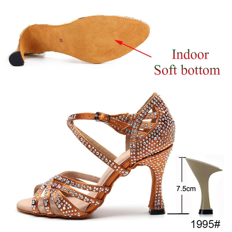 Latin Dance Shoes Ladies Salsa Tango Sneakers Training Dance Shoes High Heel Sandals Summer Square Dance Shoes Bronze Black LadyShow.Store