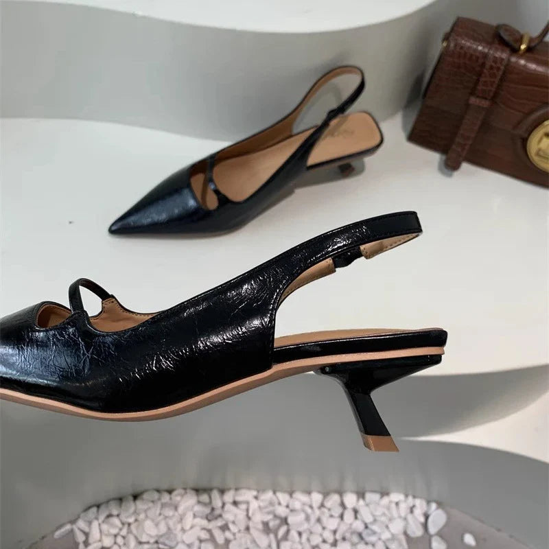 SUOJIALUN Summer New Women Sandal Fashion Pointed Toe Shallow Slip On Ladies Elegant Slingback Shoes Thin Med Heel Dress Mules LadyShow.Store