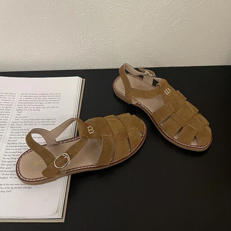 DIMANYU Women's Roman Sandals 2023 Summer New Flat Retro Real Leather Ladies Sandals Hollowed Women's Cage Shoes LadyShow.Store