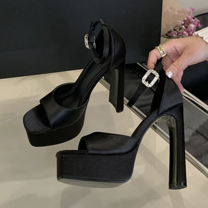 Liyke Runway Style Black High Heels Platform Sandals For Women Cozy Silk Square Toe Buckle Strap Lady Party Dress Shoes Size 40 LadyShow.Store