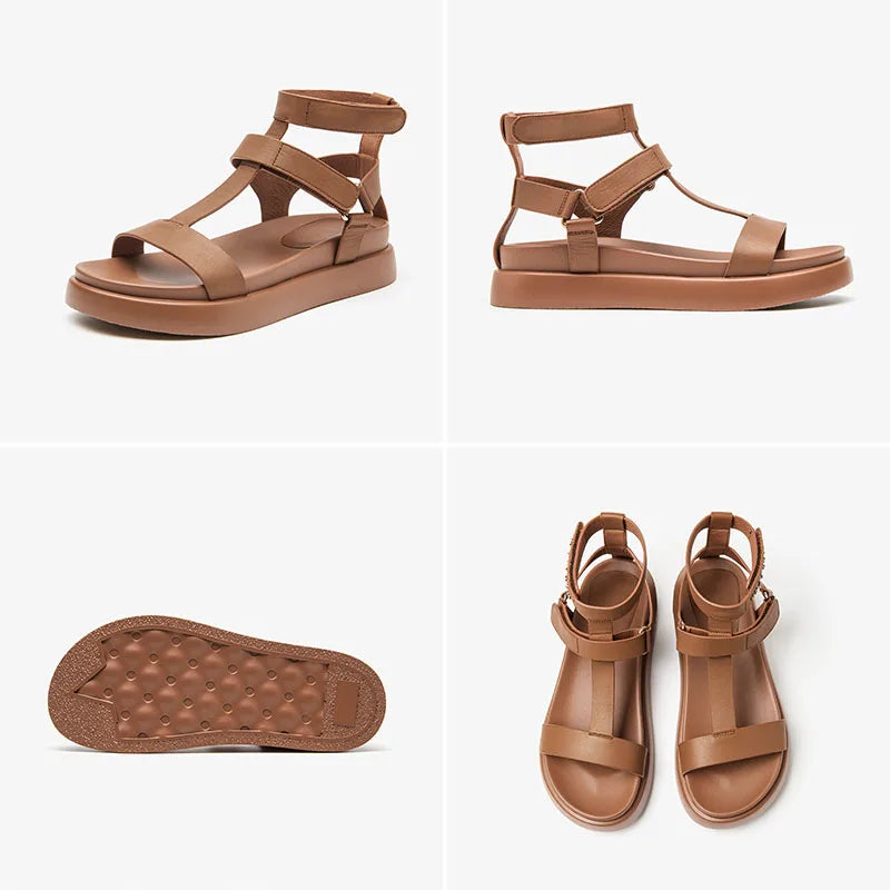BeauToday Summer Gladiator Sandals Women Calfskin Leather Open Toe T-bar Strap Hook & Loop  Summer Ladies Shoes Handmade 07130 LadyShow.Store
