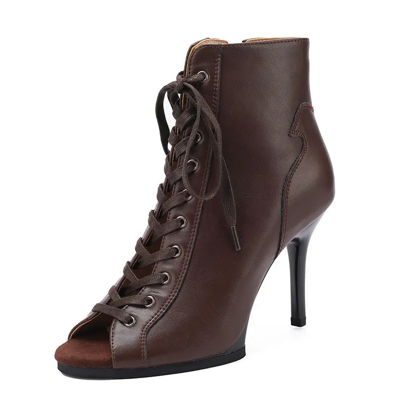 High Quality Customized Brown Latin Dance Shoes Open Toe High Heel Stiletto Boots Slim Heel 11cm Lace Up Dance Boots LadyShow.Store