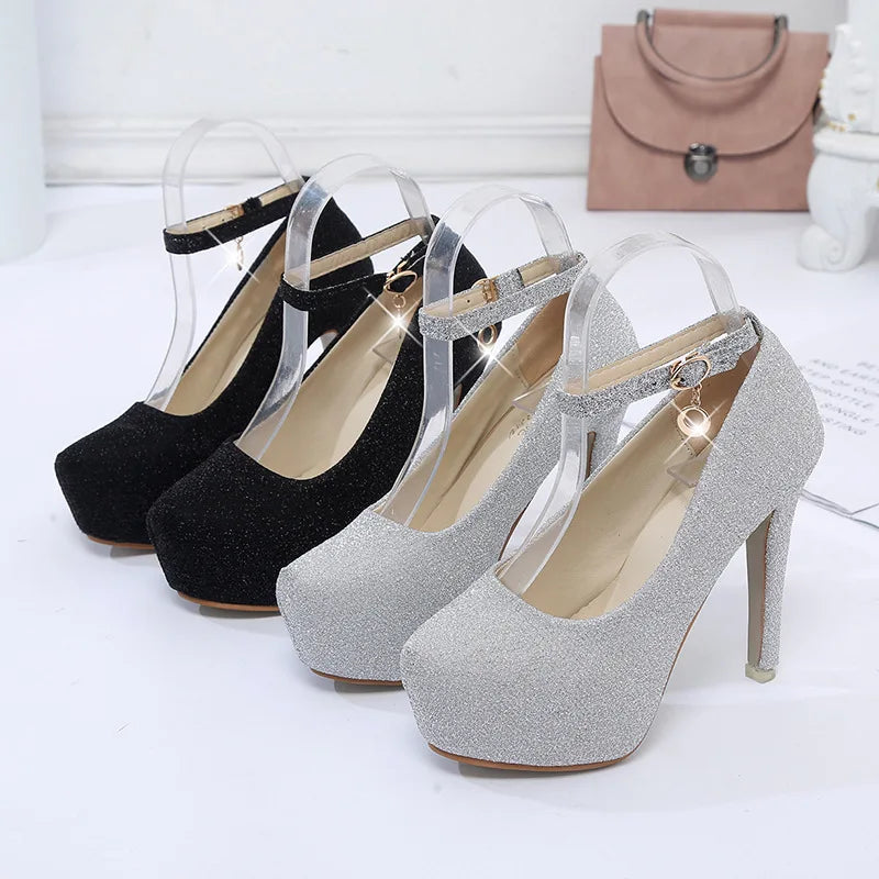 Fashion Wedding Shoes Women High Heels Women Pumps Bride Shoes Platform Super High Heel 12cm Black Silver A2177 Pi-Mart