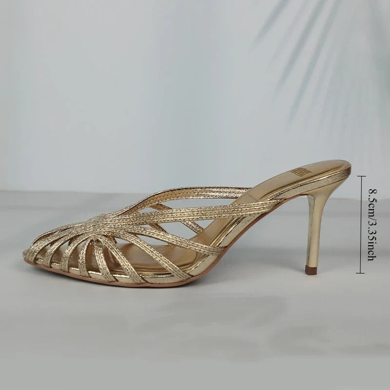 New Gold Hollow Thin Strip Heels for Women Luxury Pointed Toe Heeled Pumps Office Lady Mules Summer Stiletto Shoe Sandals 2025 LadyShow.Store