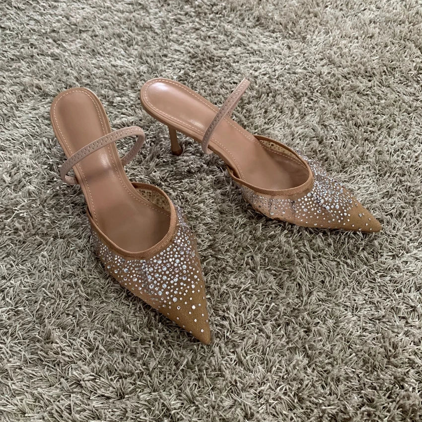 New Summer Women's Sandals Rhinestone Bright Mesh High Heels Footwear Elegant Slingback Pointed Slip on Party Lady Pumps Shoes LadyShow.Store