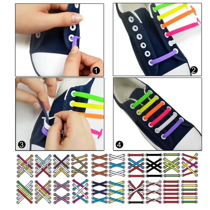 16pcs Lazy Shoelace Silicone Quick Lace Elastic Women Men No Tie Kids Adult Sneakers Lacing Shoelace Buckle Shoes Accessories LadyShow.Store