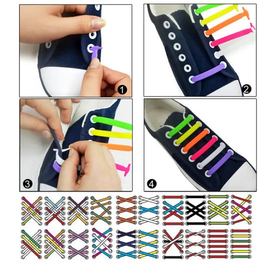 16pcs Lazy Shoelace Silicone Quick Lace Elastic Women Men No Tie Kids Adult Sneakers Lacing Shoelace Buckle Shoes Accessories LadyShow.Store