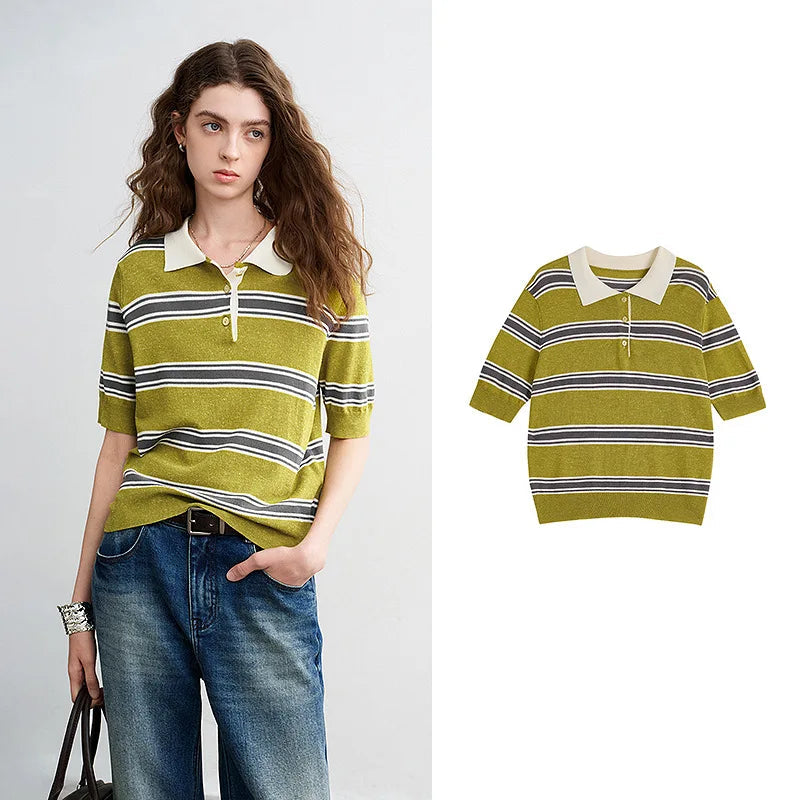 TOYOUTH Women Intellectual Striped Polo Shirt 2026 Spring New Lyocell Linen Breathable Comfort Knit Top Pi-Mart