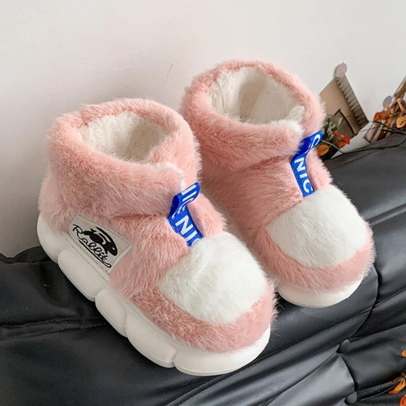 2025 Women's Winter Warm Shoes Plush Lining Indoor Slippers Couples Platform Heel High Top Snow Boots Female Male Home Slipper LadyShow.Store