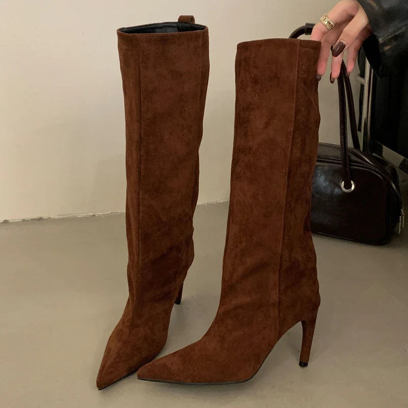 Aneikeh Fashion Winter Pointed Toe Knee-High Women Boots Thin Heels Shoes Female Punk Long Booties Zapatos De Muje LadyShow.Store