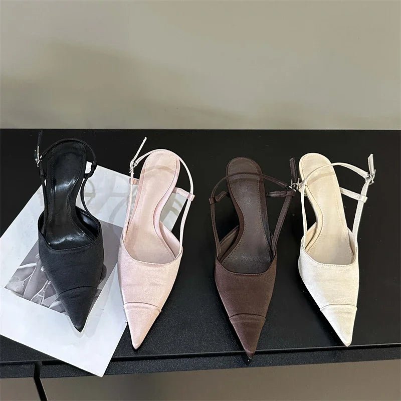 Eilyken High Quality Satin Buckle Strap Women Pumps Sandals Fashion Shallow Thin Heels Pointed Toe Slingback Mules Shoes Pi-Mart