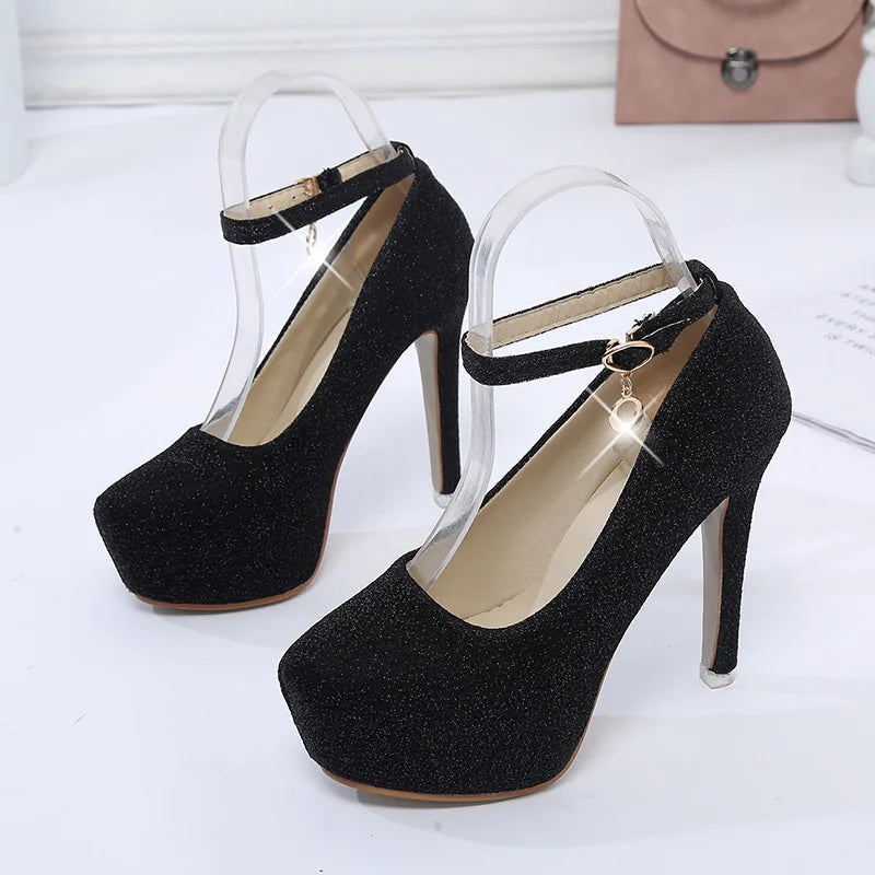 Fashion Wedding Shoes Women High Heels Women Pumps Bride Shoes Platform Super High Heel 12cm Black Silver A2177 Pi-Mart
