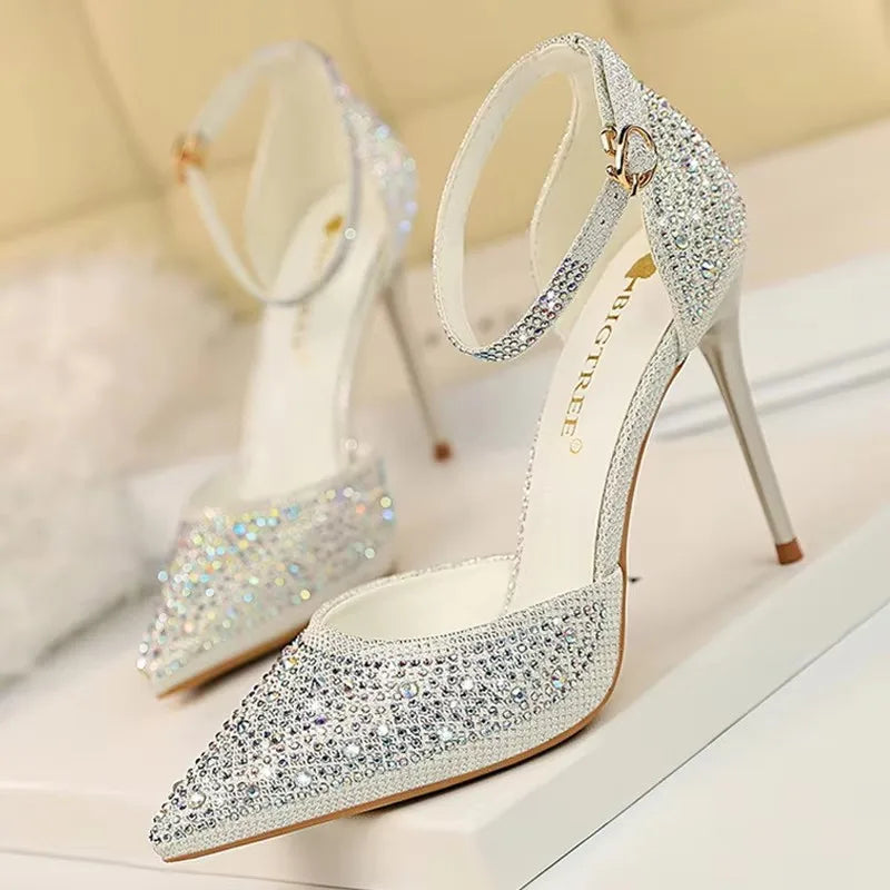 BIGTREE Shoes Shiny Rhinestones High Heels Ladies Shoes Women Pumps Stiletto Sweet Women Heels Wedding Shoes Women Sandals 10 Cm Pi-Mart