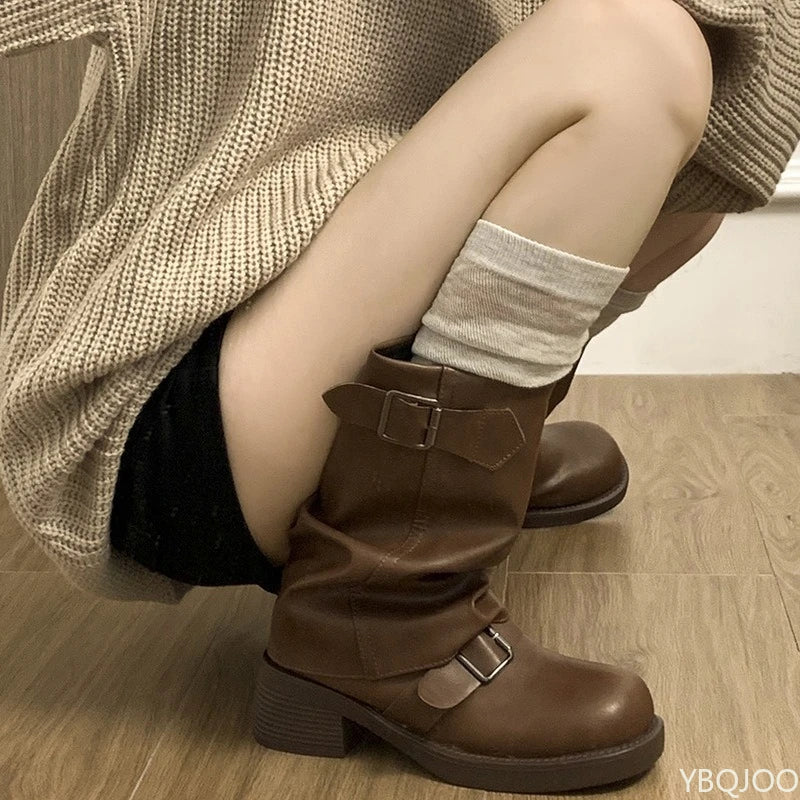 Autumn and Winter Fashion Retro Brown Western Cowboy Boots Women's Boots 2025 New Look Slim Thick and Stacked Short Boots LadyShow.Store