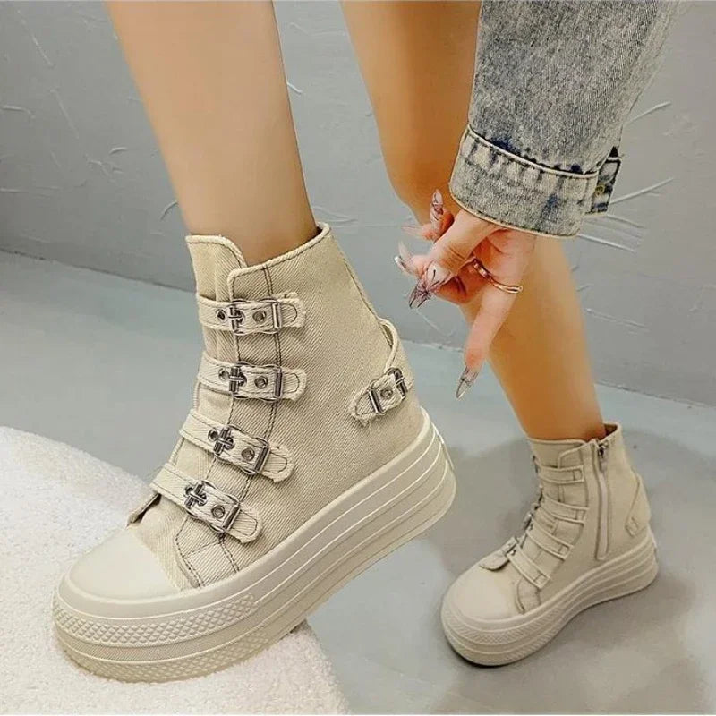 8CM Wedge Heels Sneakers Canvas Shoes Women's 2024 Spring And utumn New Fashion All Casual Thick Ventilate Soled Board Shoes LadyShow.Store