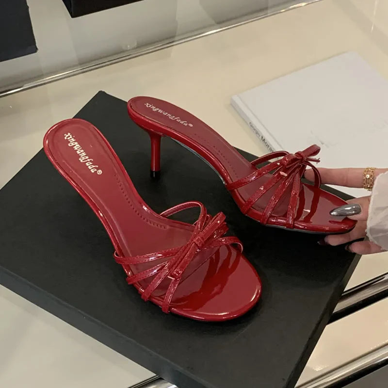 Women Thin Heels Sandals Slides Shoes Butterfly-Knot Footwear Fashion Round Toe Ladies High Heels Shoes Female Sandals Pumps Pi-Mart