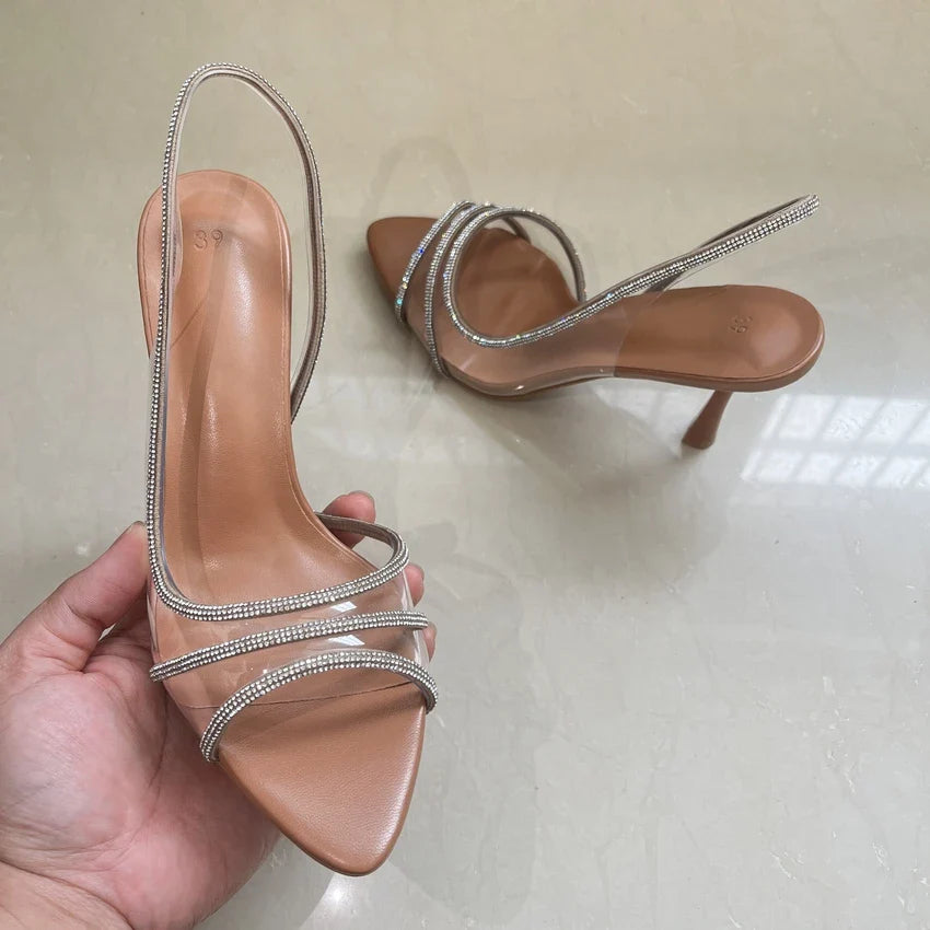 Fashion Women Pumps Sandals Summer Sexy Slingback High Heels Rhinestones Elegant Pointed Toe Transparent PVC Party Wedding Shoes Pi-Mart