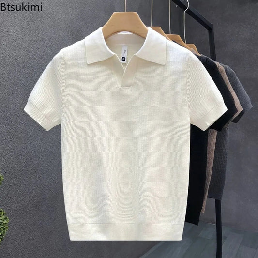2026 Men's Summer Polo Shirt Korean Style Slim Wrinkle Resistant Collar Solid Color T-Shirts Casual Thin Sleeve Trendy Knit Tops Pi-Mart