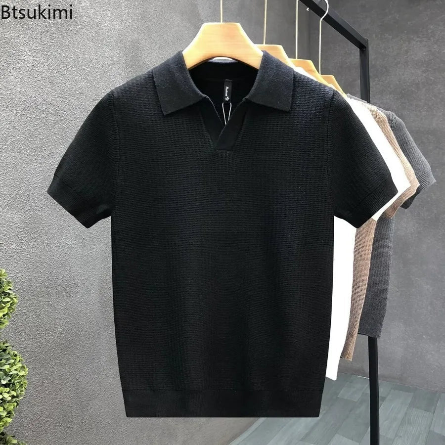 2026 Men's Summer Polo Shirt Korean Style Slim Wrinkle Resistant Collar Solid Color T-Shirts Casual Thin Sleeve Trendy Knit Tops Pi-Mart