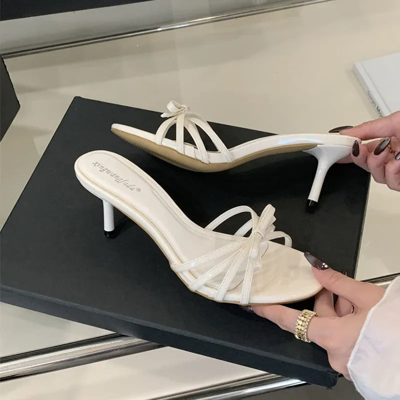 Women Thin Heels Sandals Slides Shoes Butterfly-Knot Footwear Fashion Round Toe Ladies High Heels Shoes Female Sandals Pumps Pi-Mart