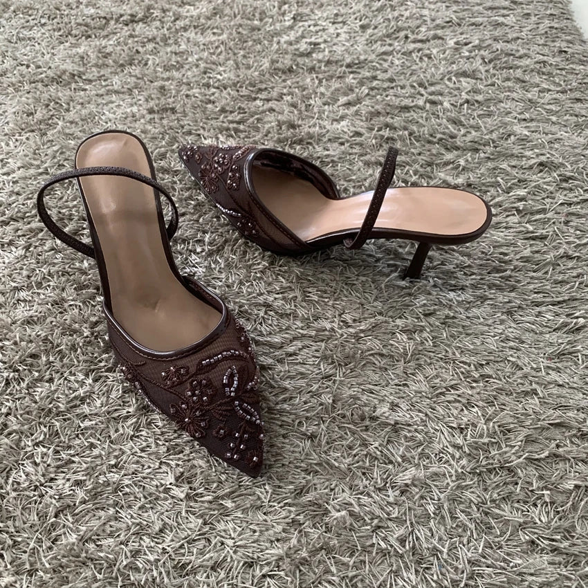 2026 String Bead Mesh Embroider Slingback High Heels Women Sexy Pointed Toe Heeled Sandals Summer Elegant Luxury Designer Shoes LadyShow.Store