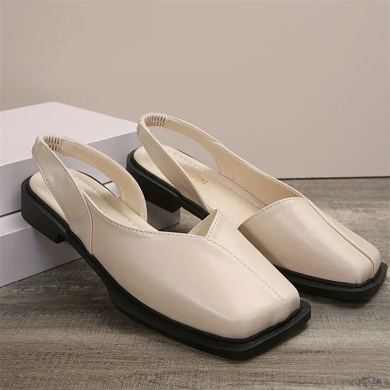 Leather Toe Cap Sandals for Women 2024 New Flat Bottomed Square Toe Single Shoes, Retro Exterior Wear, Anti Slip Beach Slippers LadyShow.Store