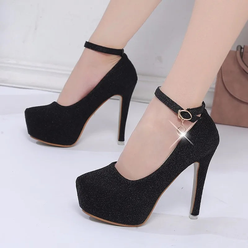 Fashion Wedding Shoes Women High Heels Women Pumps Bride Shoes Platform Super High Heel 12cm Black Silver A2177 Pi-Mart