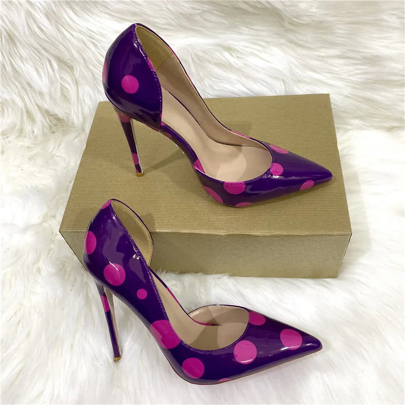 Veowalk Polka Dot Women Purple D'Orsay Side Cut Pointed Toe Stiletto Pumps Comfortable Elegant 8cm 10cm 12cm High Heel Shoes Pi-Mart