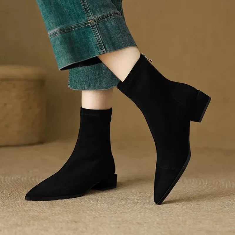 Plus-size women's boots 2025 winter fashion pointed-toe design short boots with zippers on the back, slim low-heeled nude boots LadyShow.Store