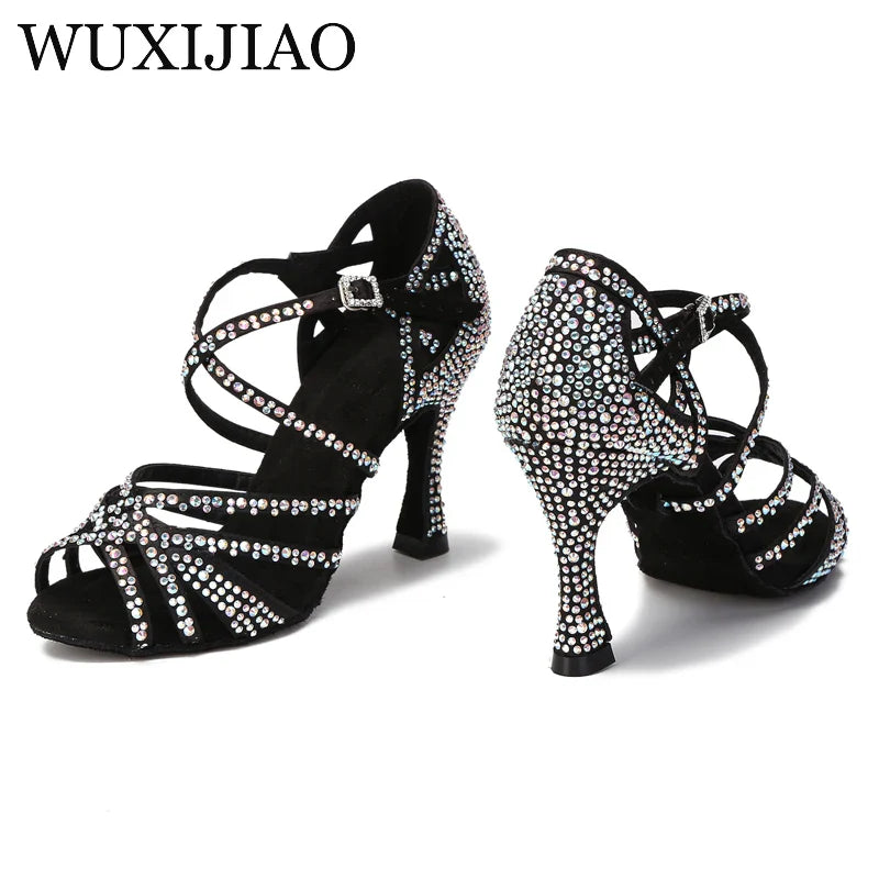 WUXIJIAO Women Party Dance Shoes Satin Shining rhinestones Soft Bottom Latin Dance Shoes Woman Salsa Dance Shoes heel LadyShow.Store