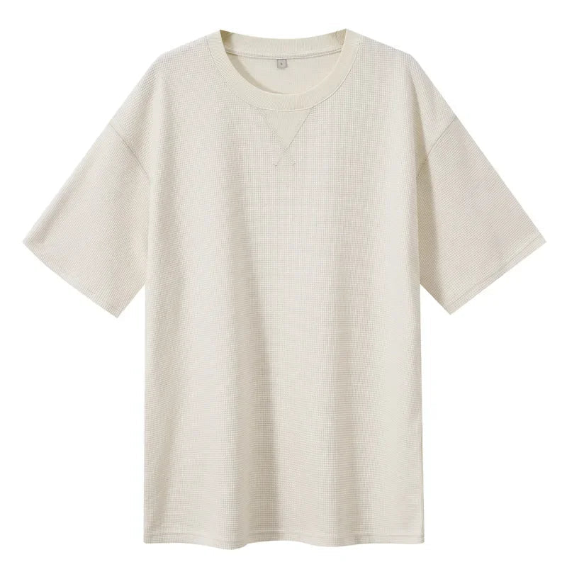 2026 New Men's Summer T Shirt 220g Waffle Round Neck T-shirt Solid Color Loose Simple Short Sleeve Top T Shirts Pi-Mart