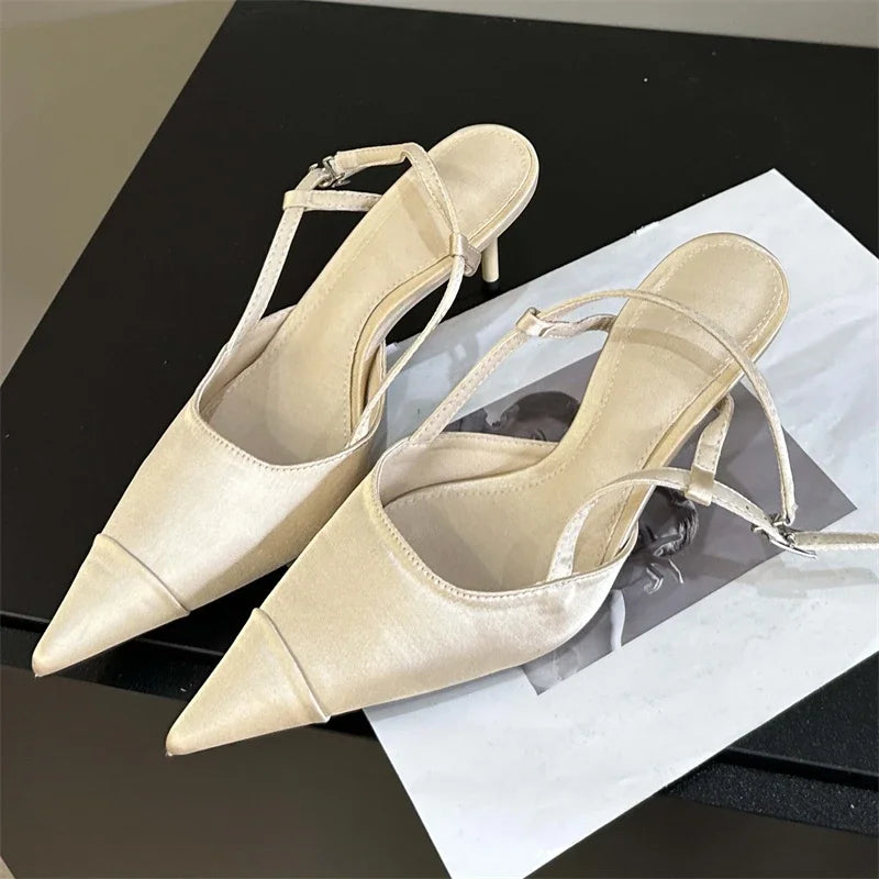 Eilyken High Quality Satin Buckle Strap Women Pumps Sandals Fashion Shallow Thin Heels Pointed Toe Slingback Mules Shoes Pi-Mart