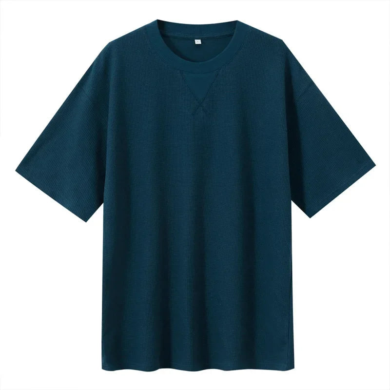 2026 New Men's Summer T Shirt 220g Waffle Round Neck T-shirt Solid Color Loose Simple Short Sleeve Top T Shirts Pi-Mart