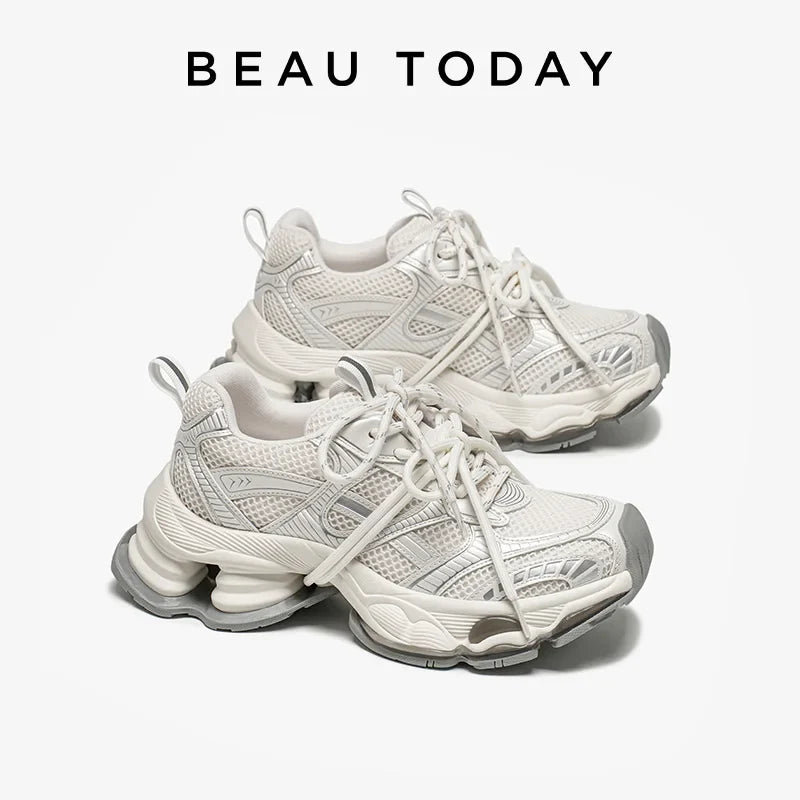 BEAUTODAY Chunky Sneakers Women Synthetic Leather Mesh Round Toe Lace-up Sports Trainers Ladies Patchwork Shoes Handmade 29A51 LadyShow.Store