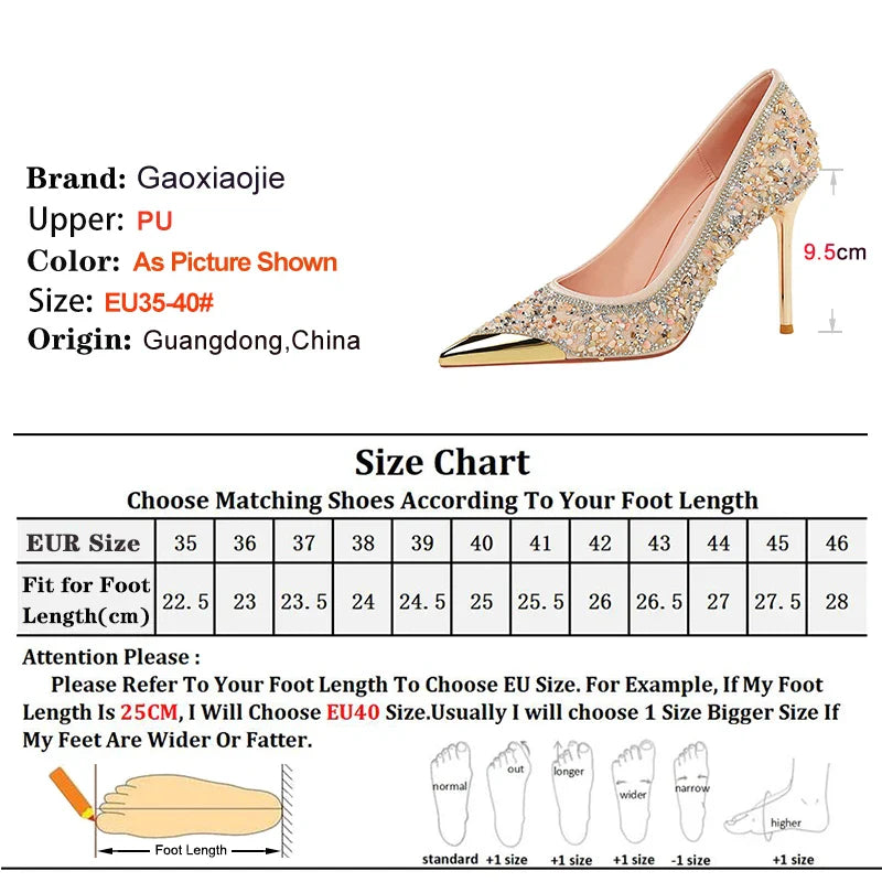 Shiny Crystal Apricot High Heels 9.5cm Women's Shoes Thin Heels Metal Pointed Ladies Pumps Shallow Slip On Stiletto Party Shoes Pi-Mart