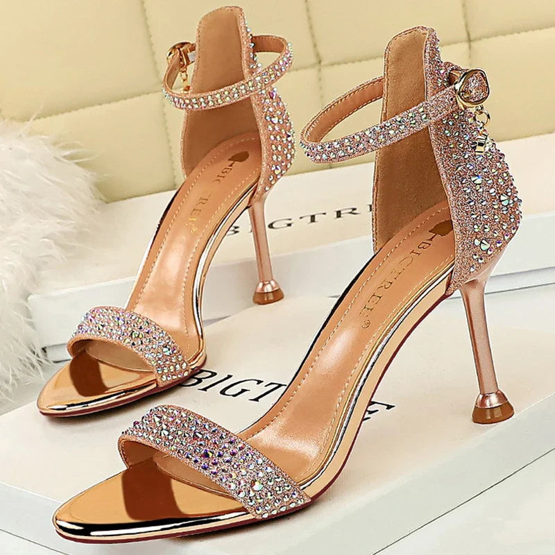 BIGTREE Shoes Rhinestone High Heels Women Pumps Sexy Kitten Heels Party Shoes Open Toe Women Sandals Heel Stiletto Wedding Shoes Pi-Mart