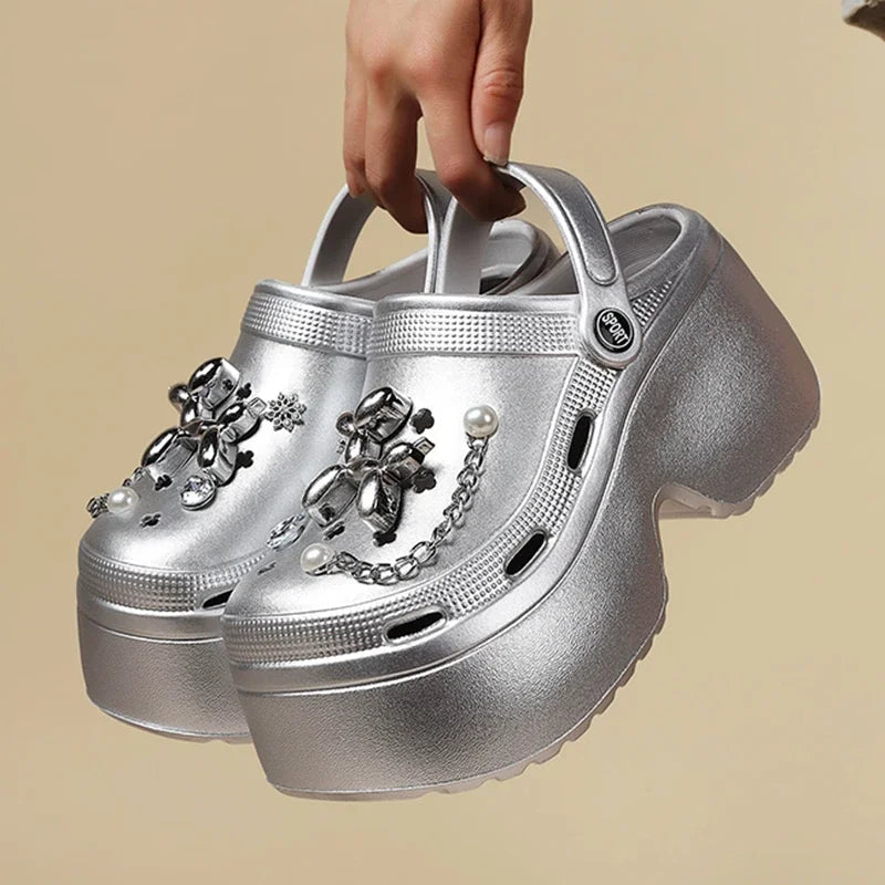 New Women's Silver Platform Clogs Summer 2025 Comfortable Slip on Wedge Sandals Woman Fashion Chain Thick Sole Garden Shoes Lady LadyShow.Store