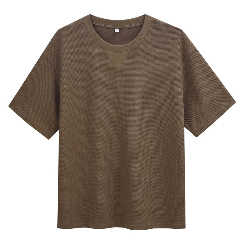 2026 New Men's Summer T Shirt 220g Waffle Round Neck T-shirt Solid Color Loose Simple Short Sleeve Top T Shirts Pi-Mart