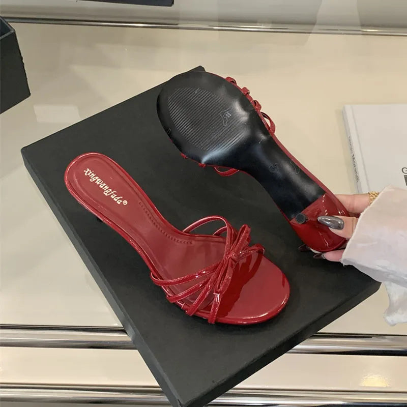 Women Thin Heels Sandals Slides Shoes Butterfly-Knot Footwear Fashion Round Toe Ladies High Heels Shoes Female Sandals Pumps Pi-Mart