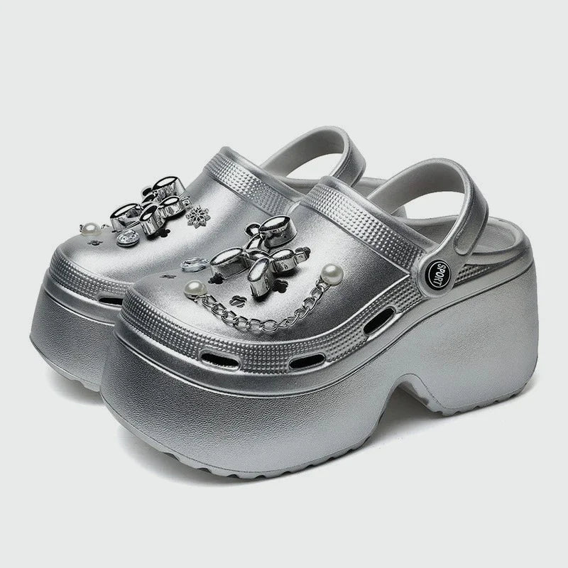 New Women's Silver Platform Clogs Summer 2025 Comfortable Slip on Wedge Sandals Woman Fashion Chain Thick Sole Garden Shoes Lady LadyShow.Store