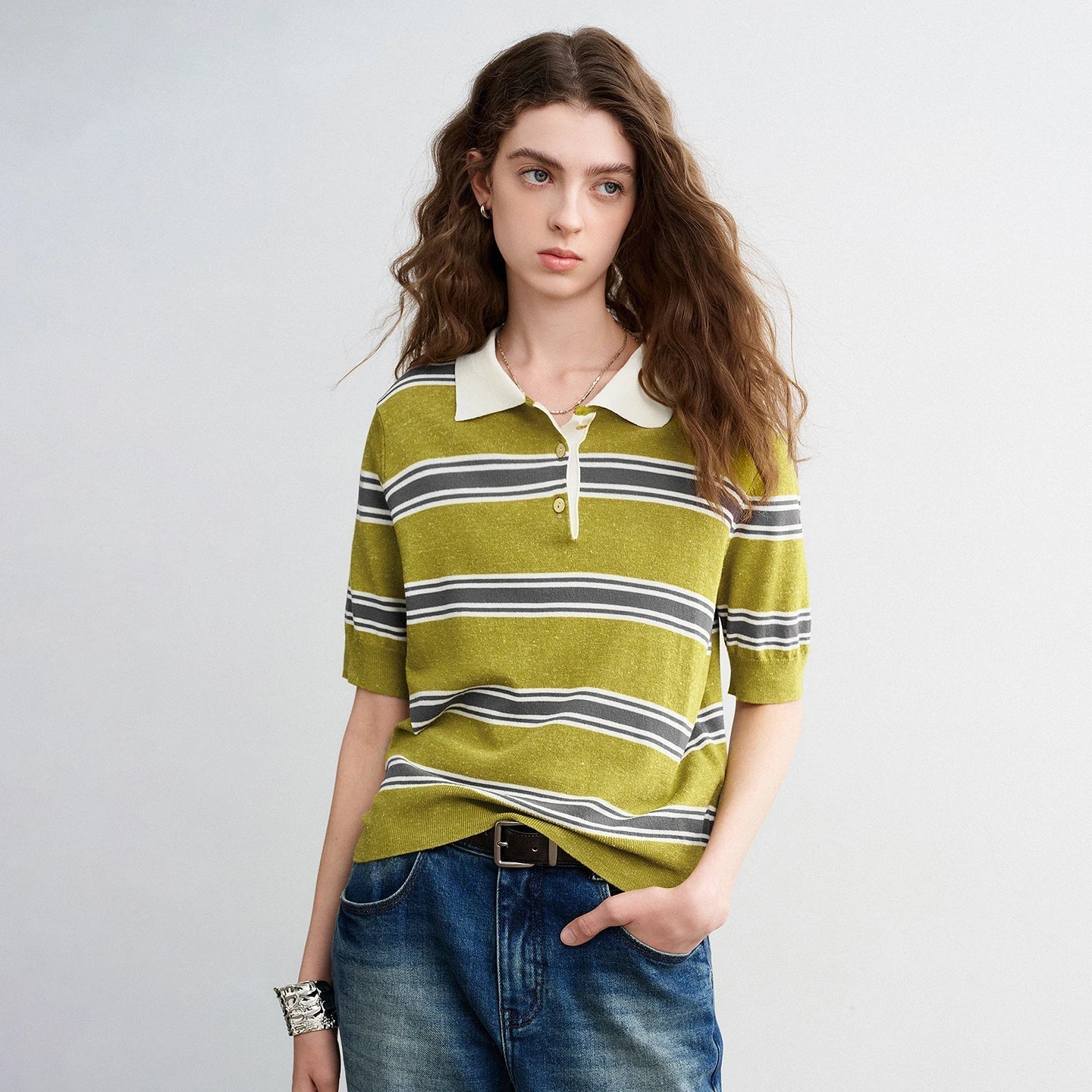 TOYOUTH Women Intellectual Striped Polo Shirt 2026 Spring New Lyocell Linen Breathable Comfort Knit Top Pi-Mart