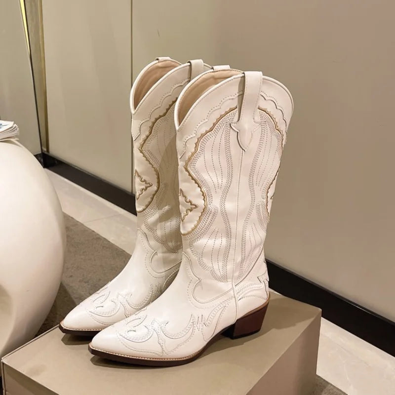 Autumn Embroidered Western Cowboy Boots new Square Heels Pointed shoes Casual fashion long boots Comfortable waterproof shoes LadyShow.Store