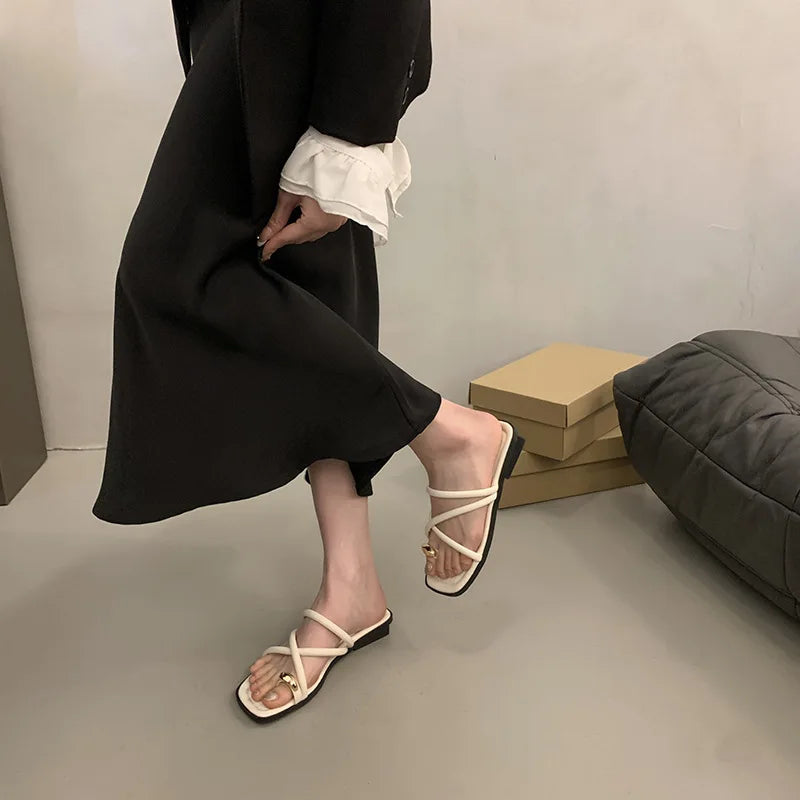Women Summer Slippers Ladies Sandals Metal Decor Thong Flip Flop Low Heel Shoes Woman Outdoor Retro Brown Sandals Female LadyShow.Store