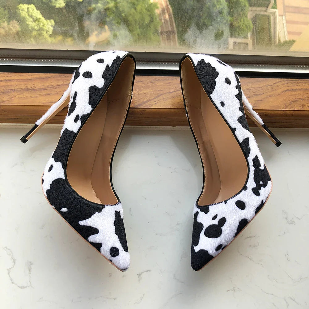 Tikicup Cow Print Women White Hairy Flock Pointy Toe High Heel Shoes Sexy Celebrity Ladies Slip On Stiletto Pumps for Party Pi-Mart